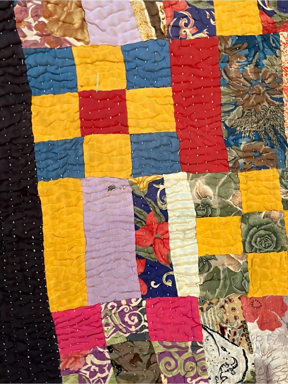 VTG Handmade Hand Quilted 9 Patch Kantha Scrap 60x84 Twin Throw Quilt Farmhouse